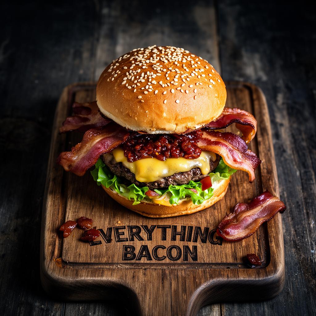A towering smash burger loaded with crispy bacon and bacon jam on a wooden board